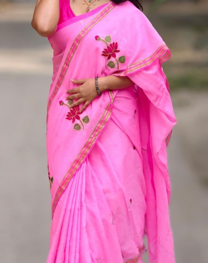 Baby Pink Soft Embroidery Work Saree