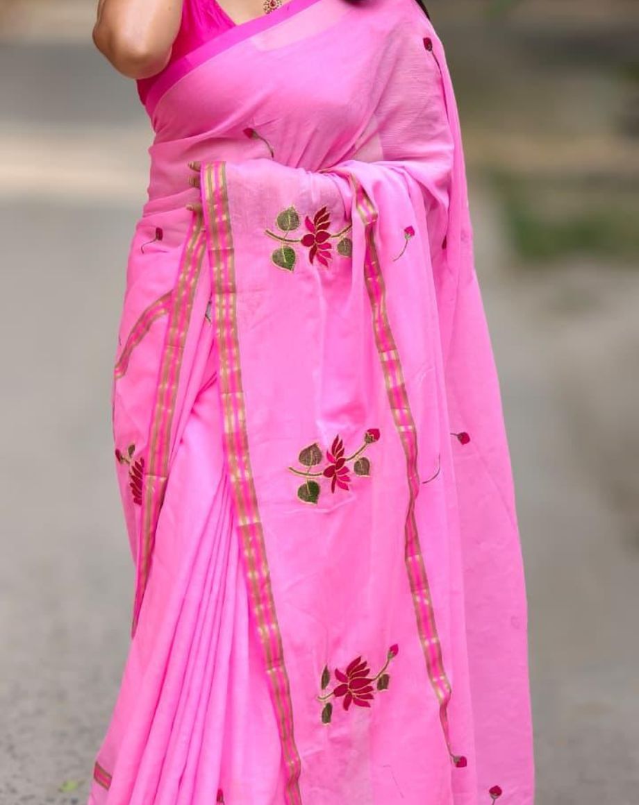 Baby Pink Soft Embroidery Work Saree