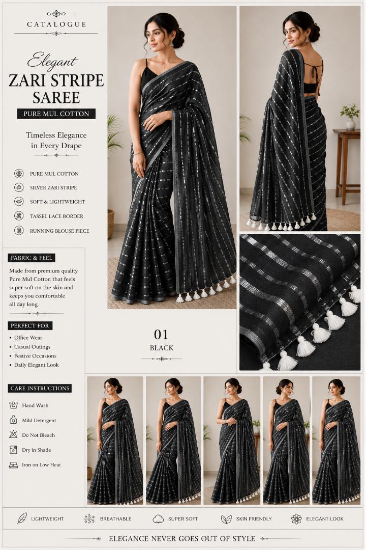 Charcoal Black Pure Mul Cotton Saree