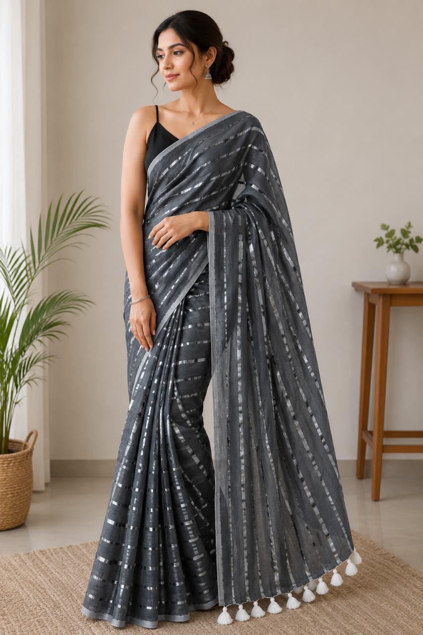Charcoal Black Pure Mul Cotton Saree