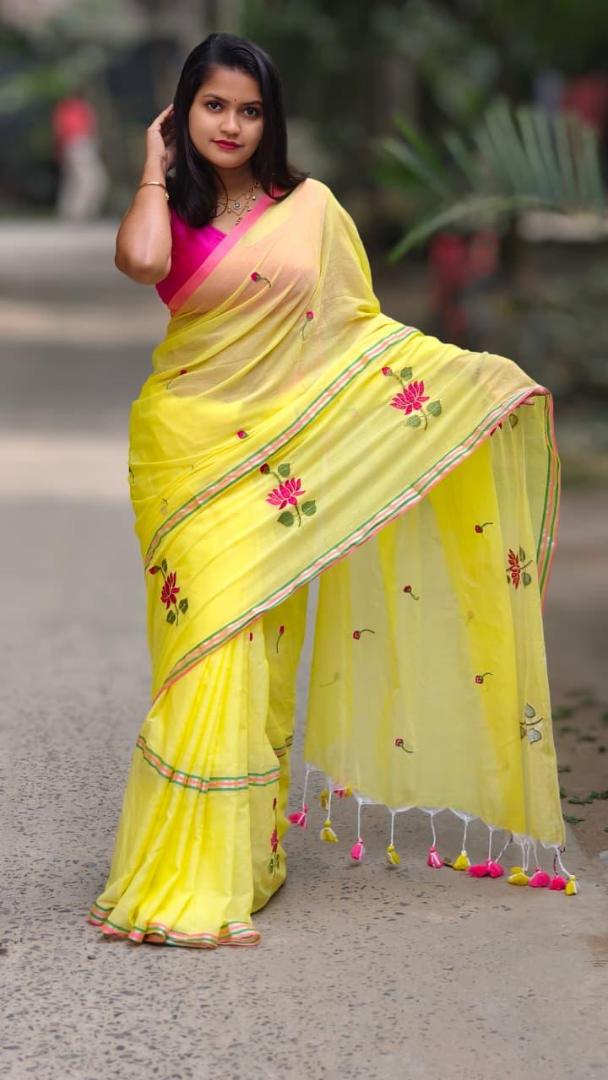 Lemon Yellow Embroidery Work Saree