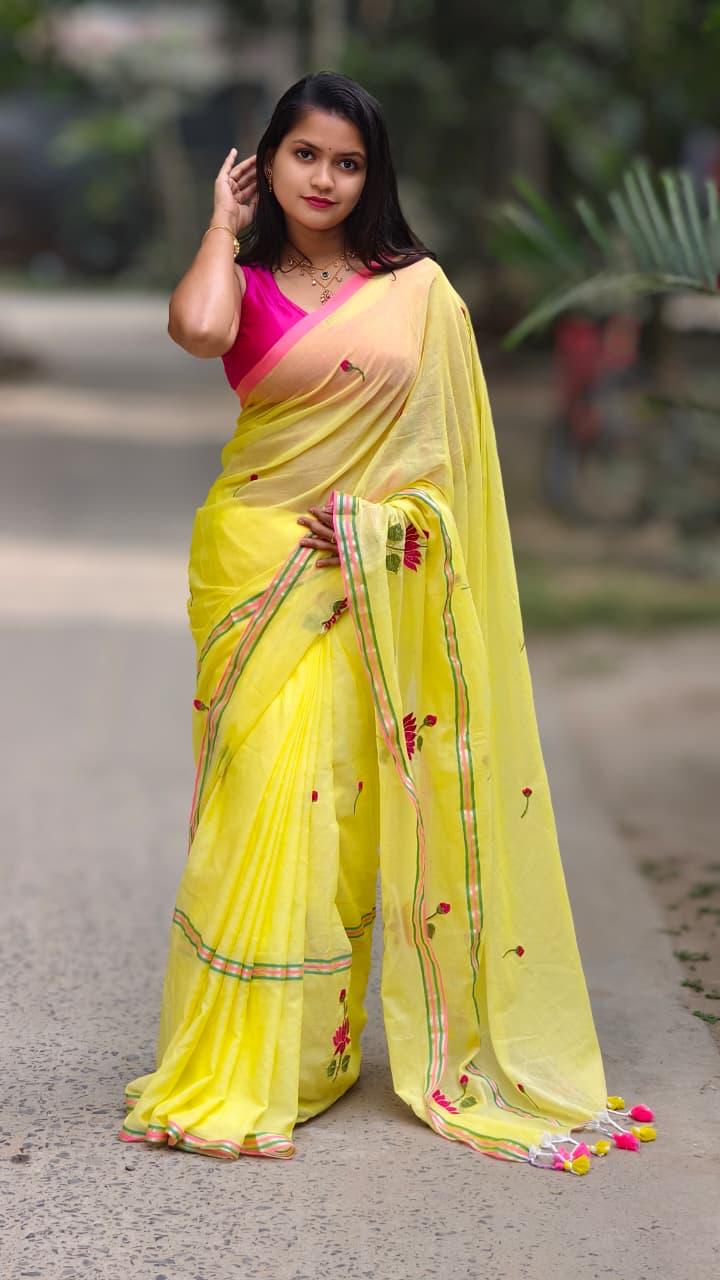 Lemon Yellow Embroidery Work Saree