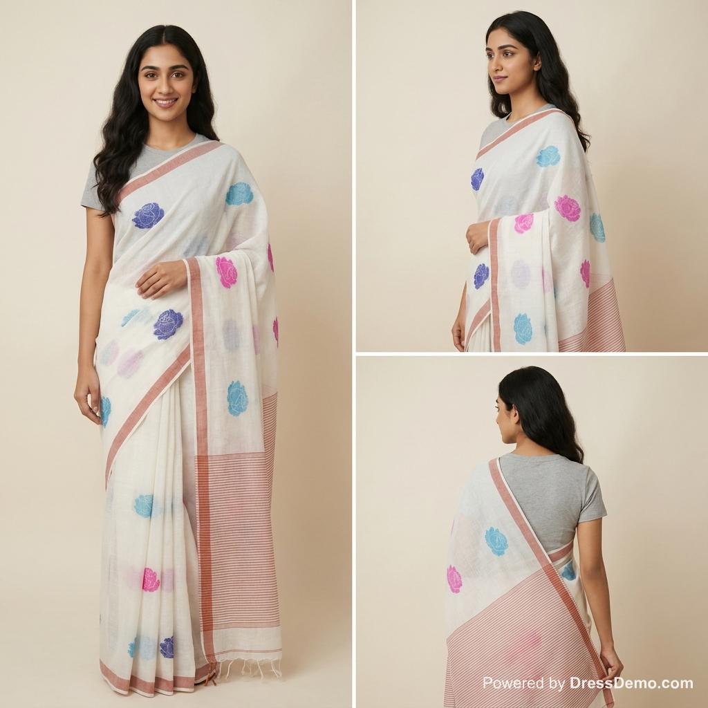 linen Jamdani Saree( White)