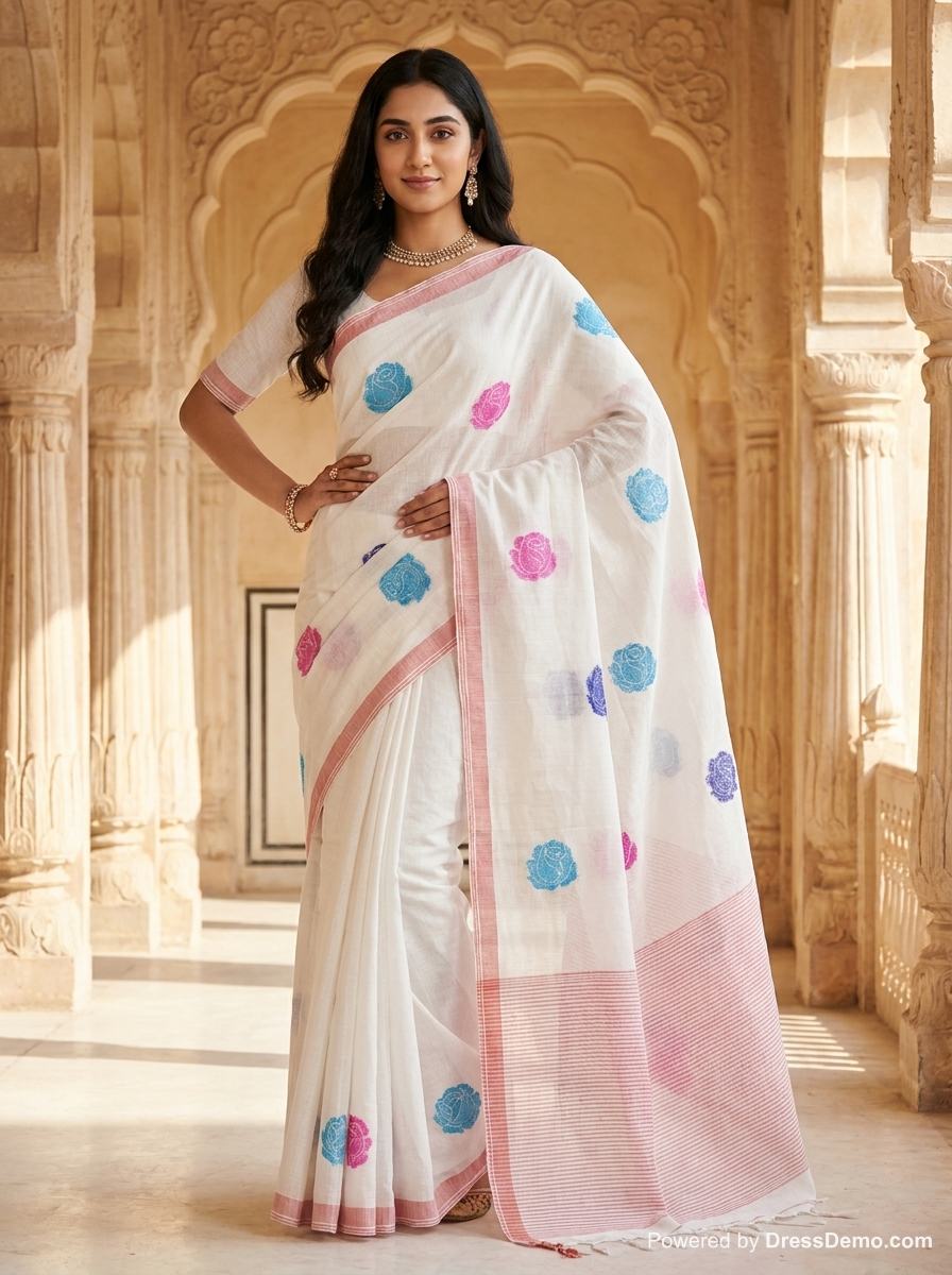 linen Jamdani Saree( White)