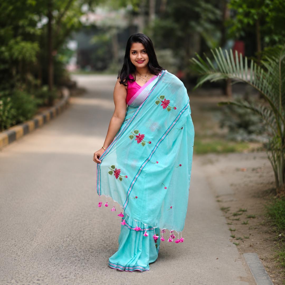 Mint Green Soft Embroidery Work Saree