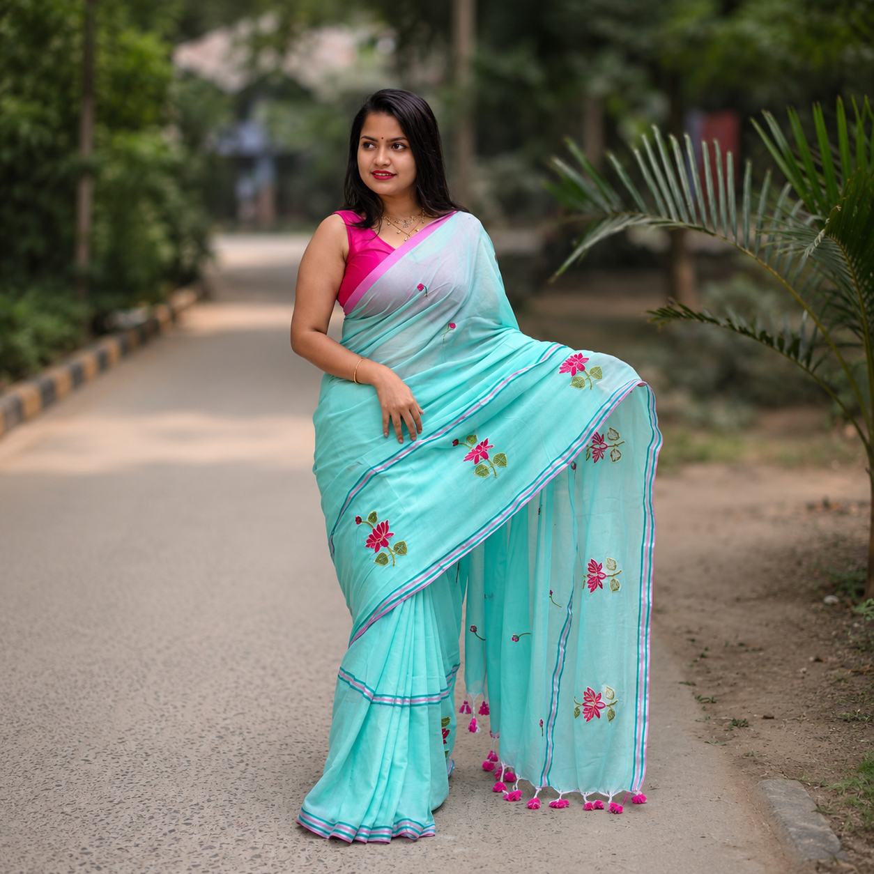 Mint Green Soft Embroidery Work Saree