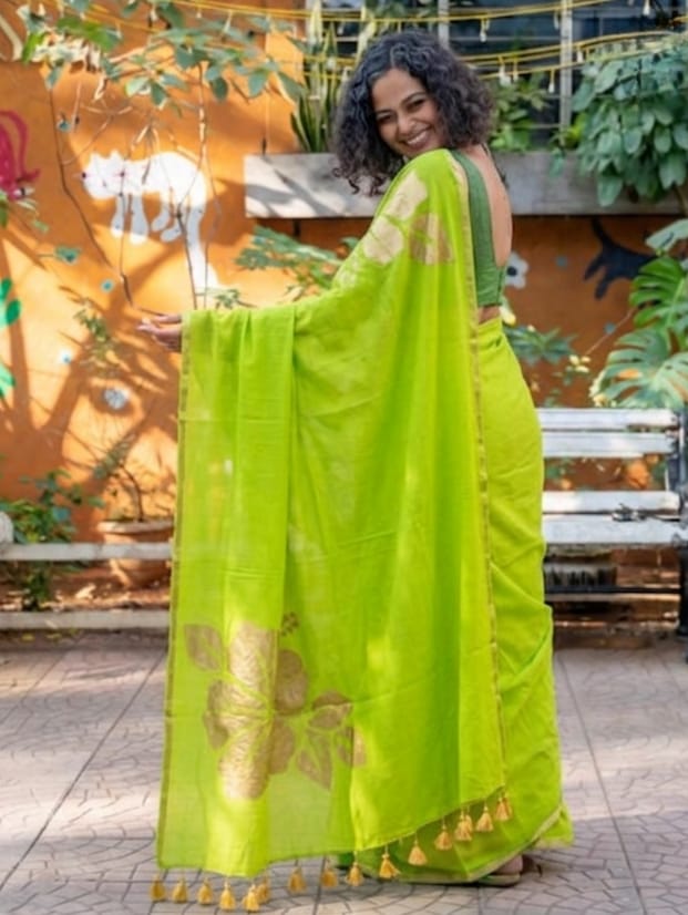 Mul Cotton Saree (Lime Green)