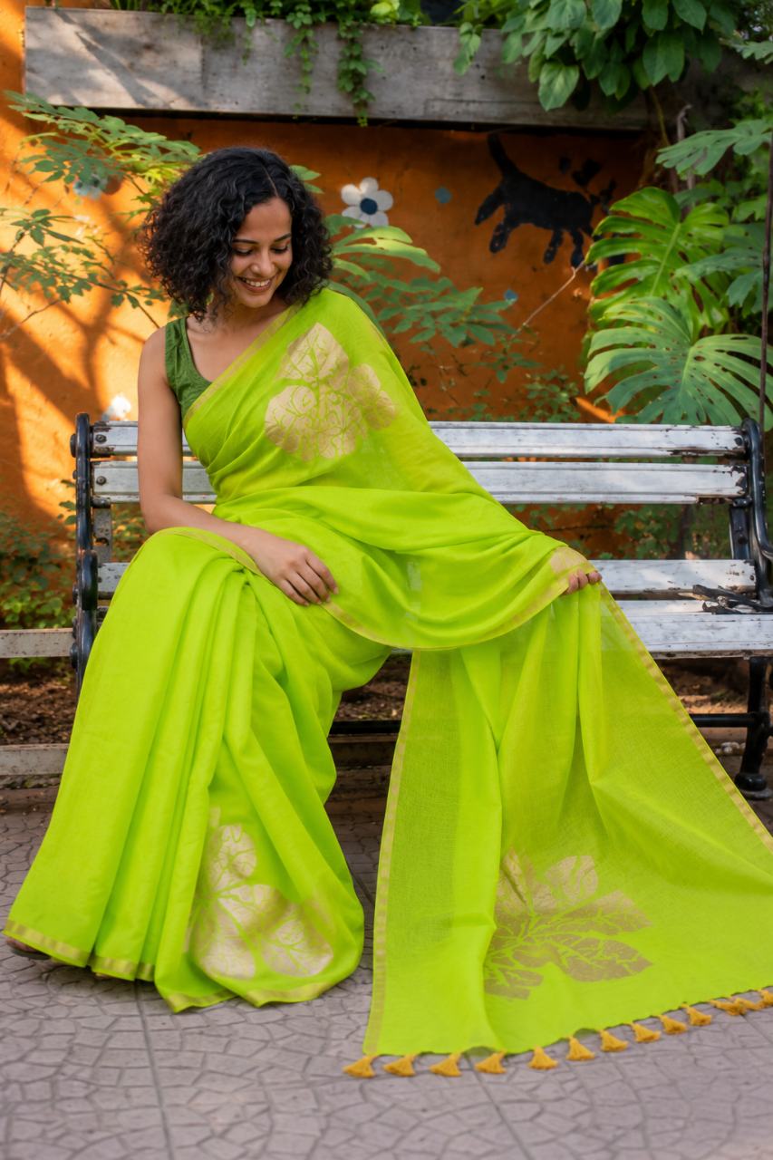 Mul Cotton Saree (Lime Green)