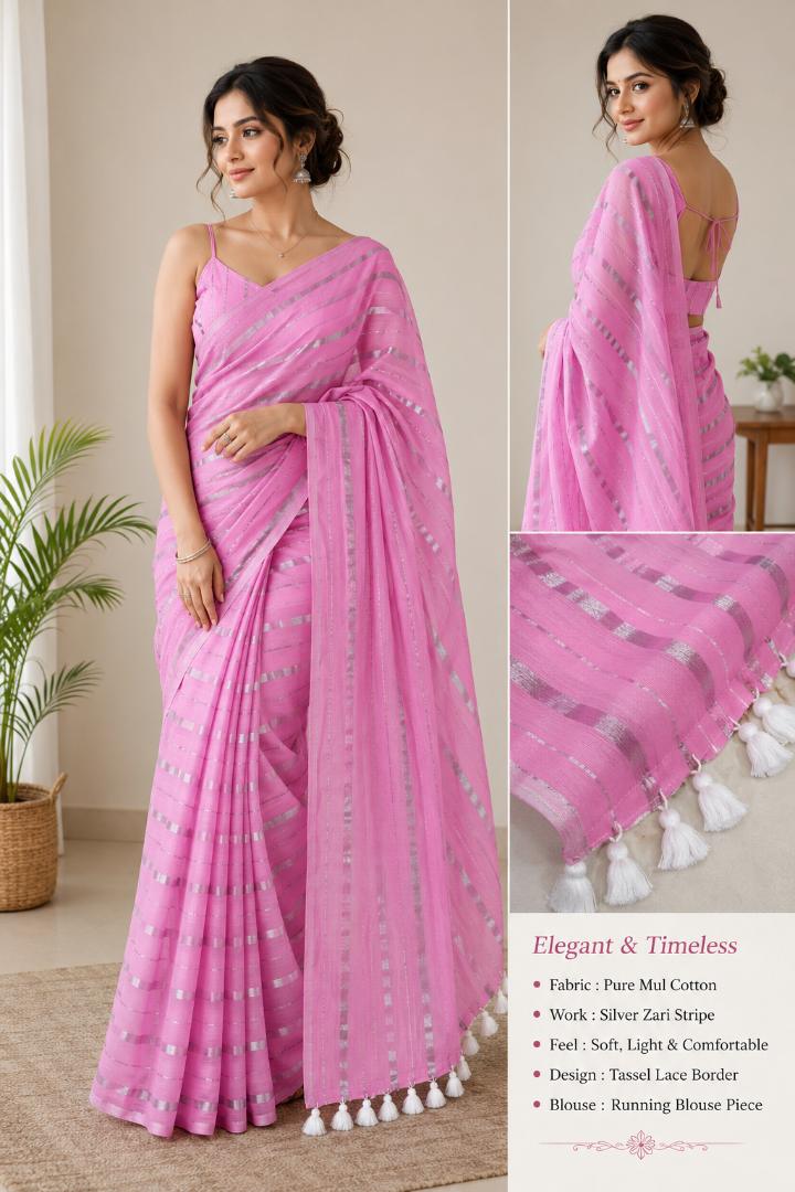 Mul Cotton Saree With Silver Zari Stripe