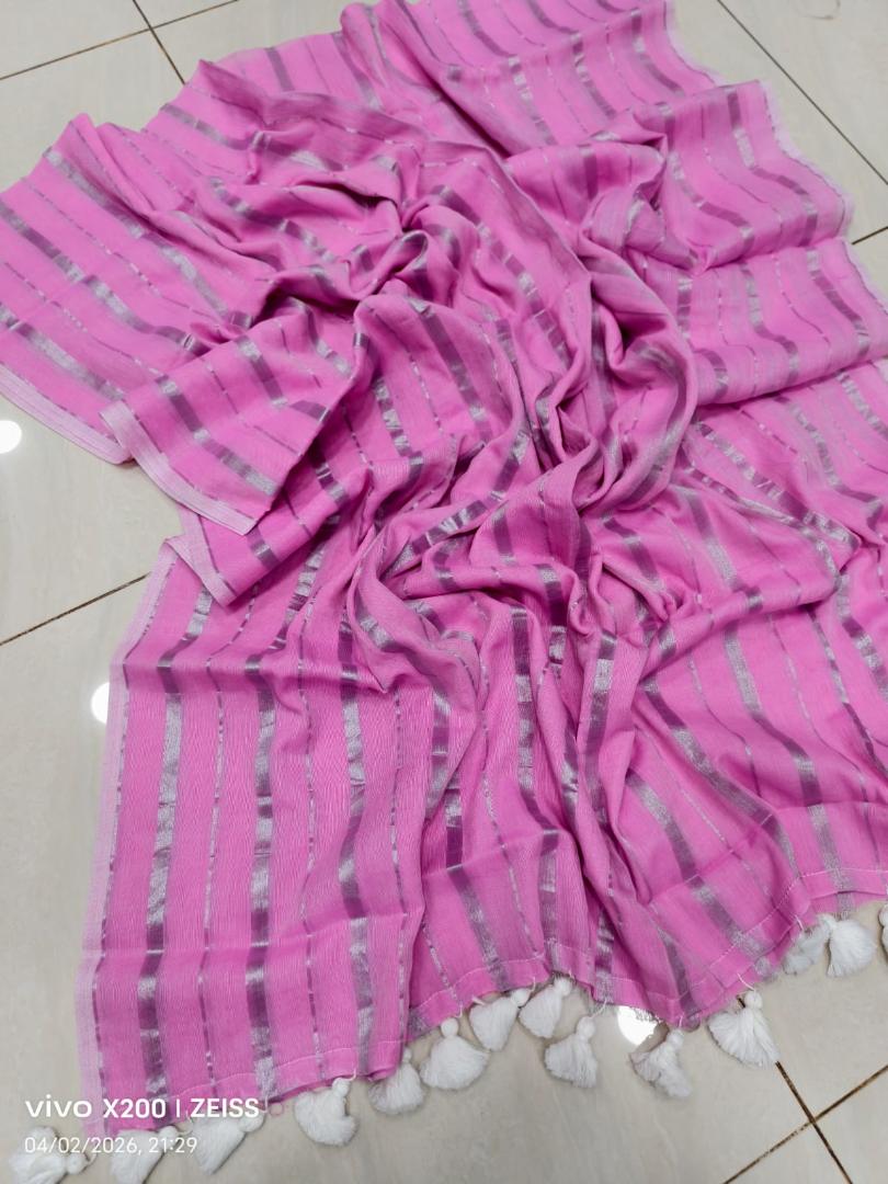 Mul Cotton Saree With Silver Zari Stripe