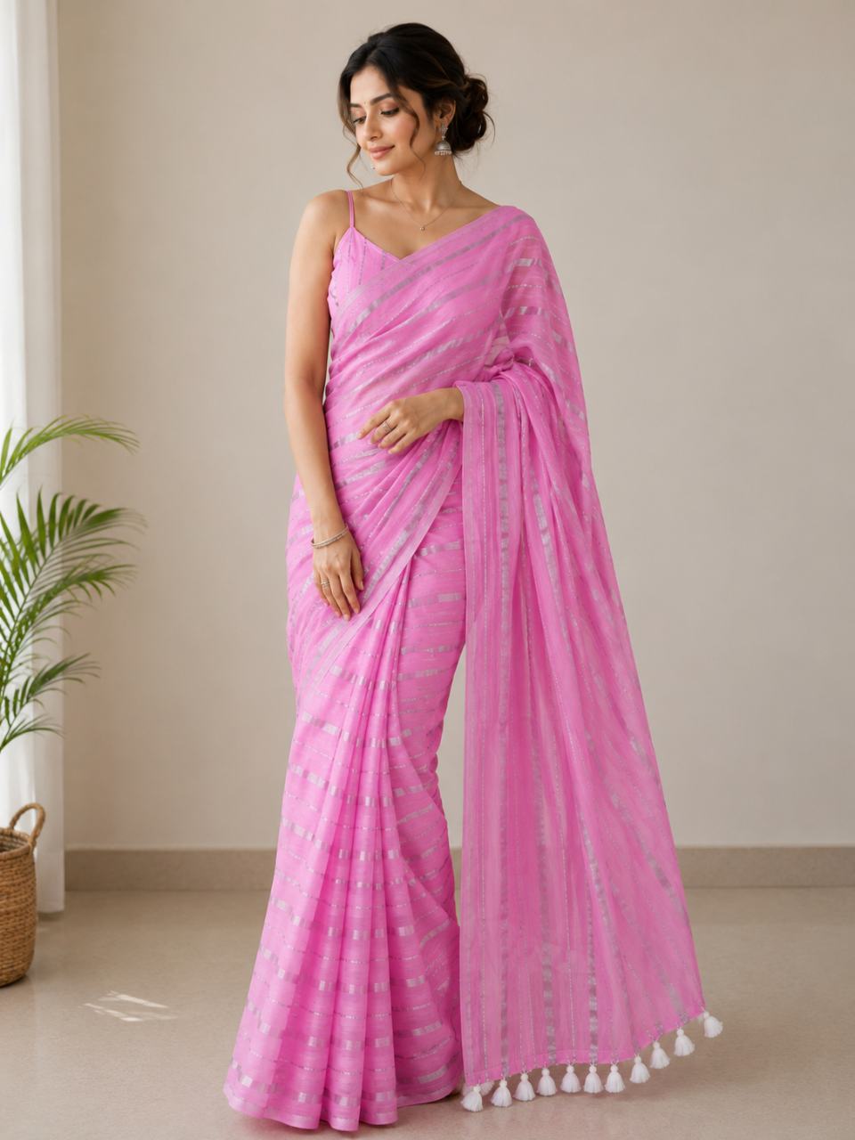 Mul Cotton Saree With Silver Zari Stripe