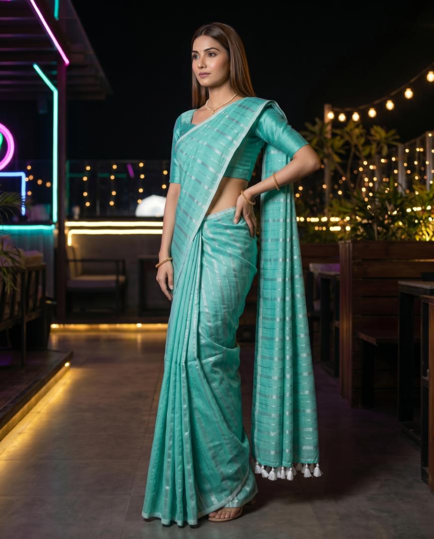 Mul Cotton Saree With Silver Zari Stripe