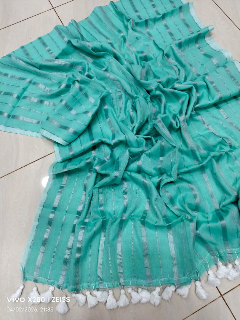 Mul Cotton Saree With Silver Zari Stripe