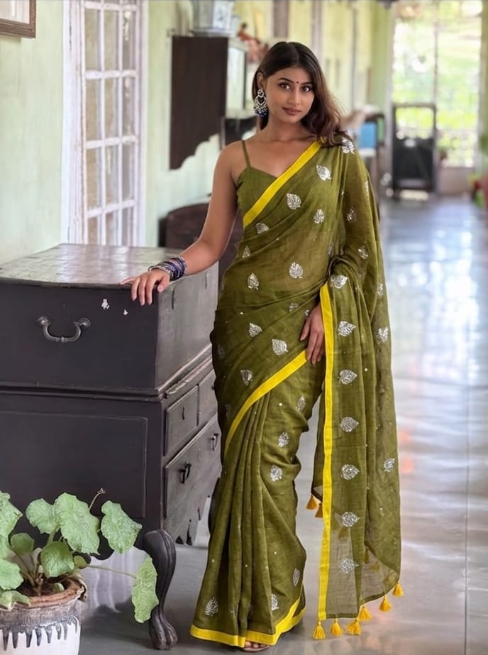 Mul Cotton Sequence Embroidery Work Saree 