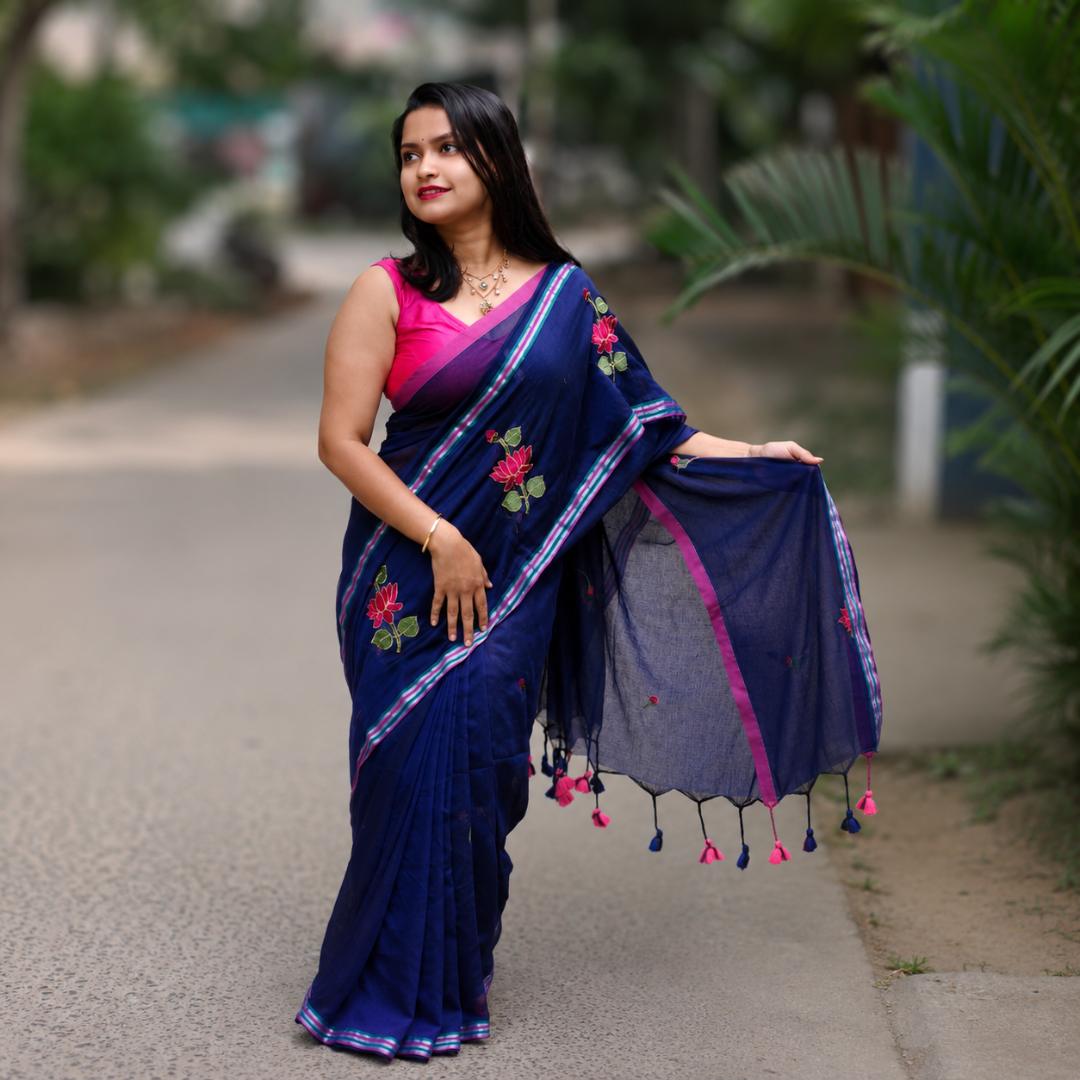 Navy Blue Soft Embroidery Work Saree