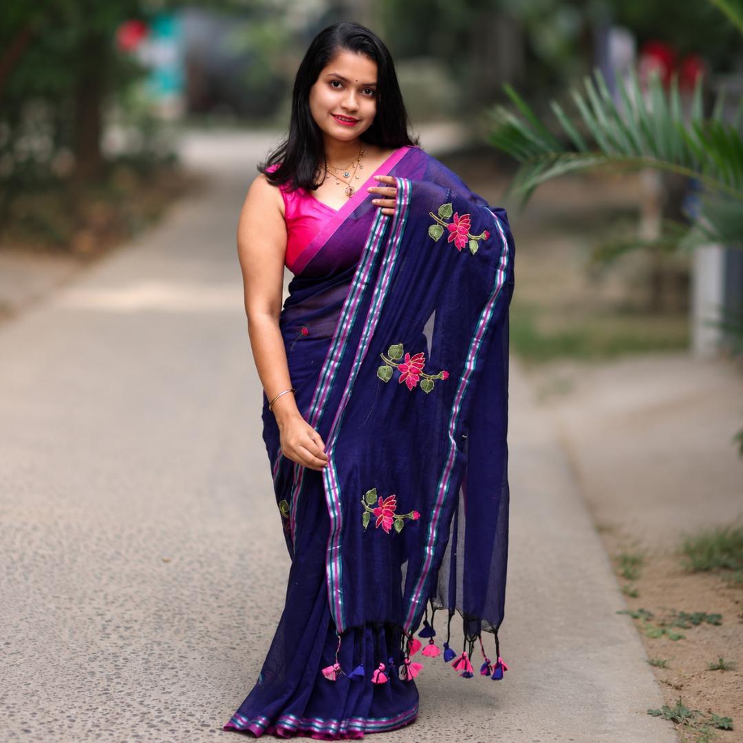Navy Blue Soft Embroidery Work Saree