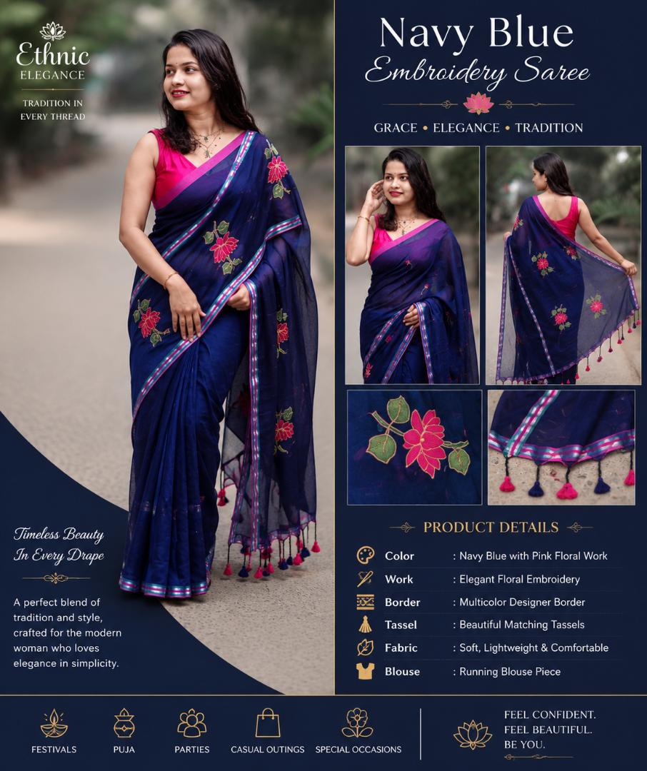 Navy Blue Soft Embroidery Work Saree