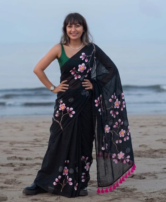 Paint Mul Cotton Black Saree