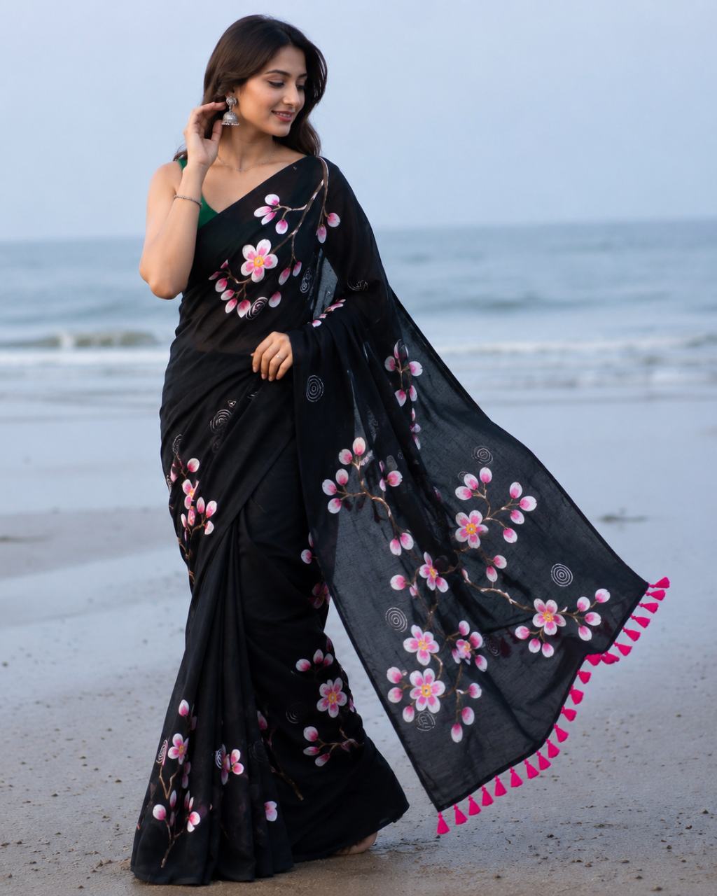 Paint Mul Cotton Black Saree