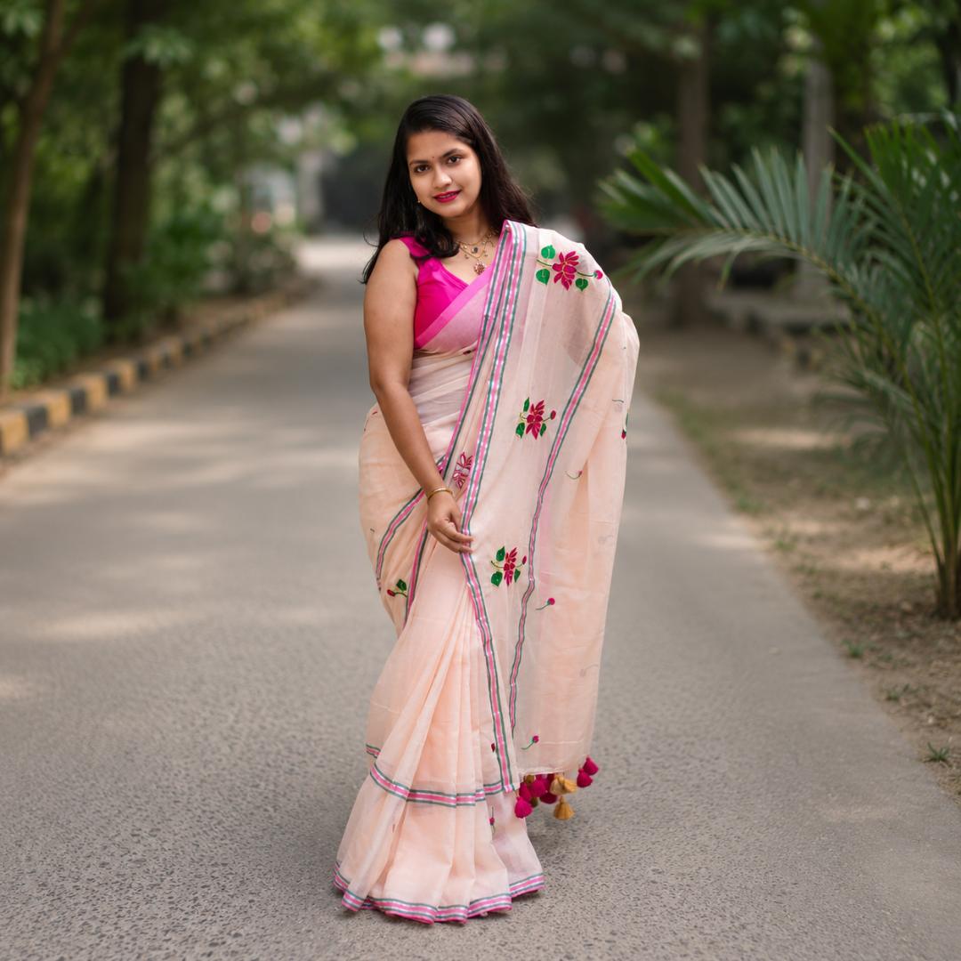 Peach Pink Soft Embroidery Work Saree