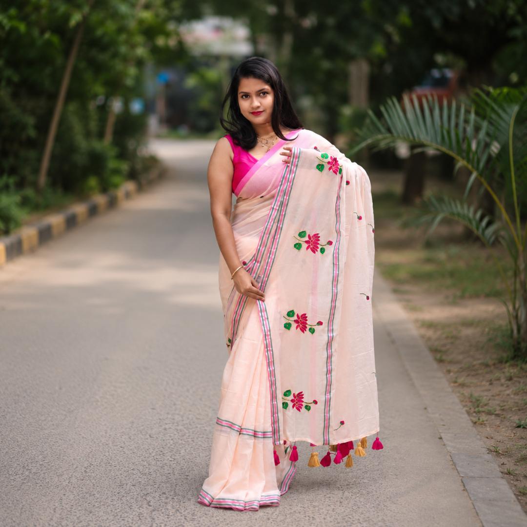 Peach Pink Soft Embroidery Work Saree