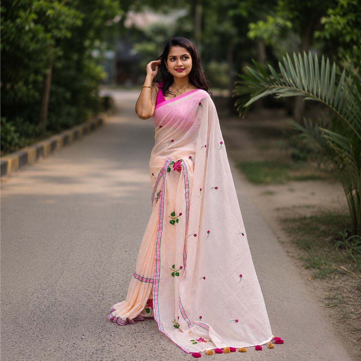 Peach Pink Soft Embroidery Work Saree