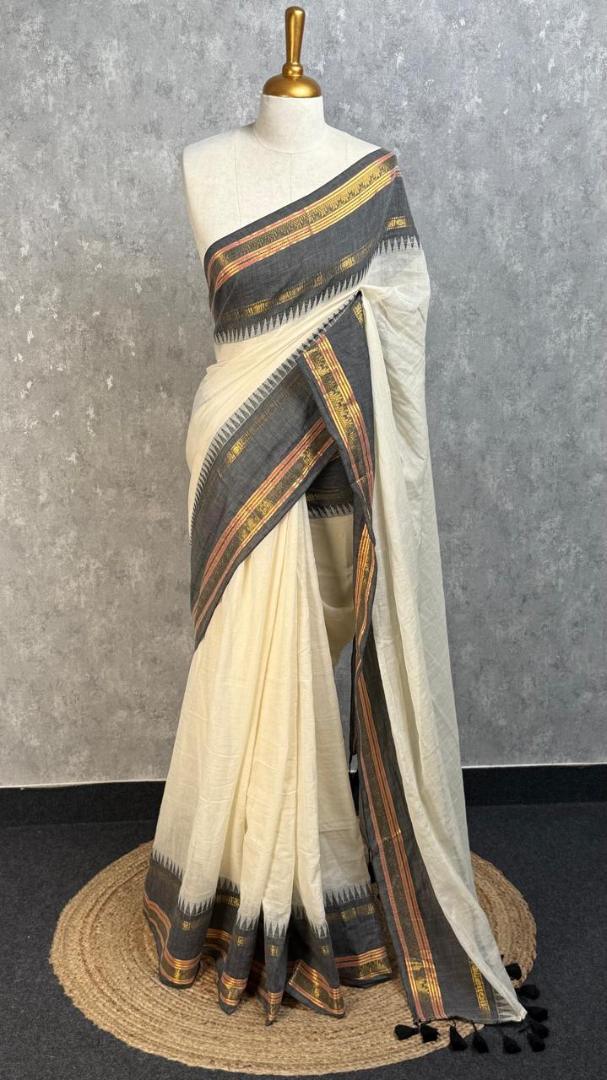 Pure Mul Cotton Zari Border Saree (Black & White)
