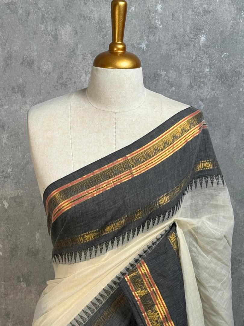 Pure Mul Cotton Zari Border Saree (Black & White)