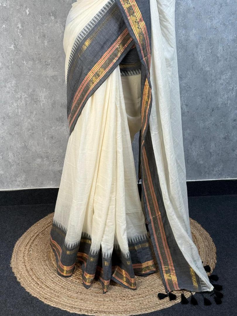 Pure Mul Cotton Zari Border Saree (Black & White)