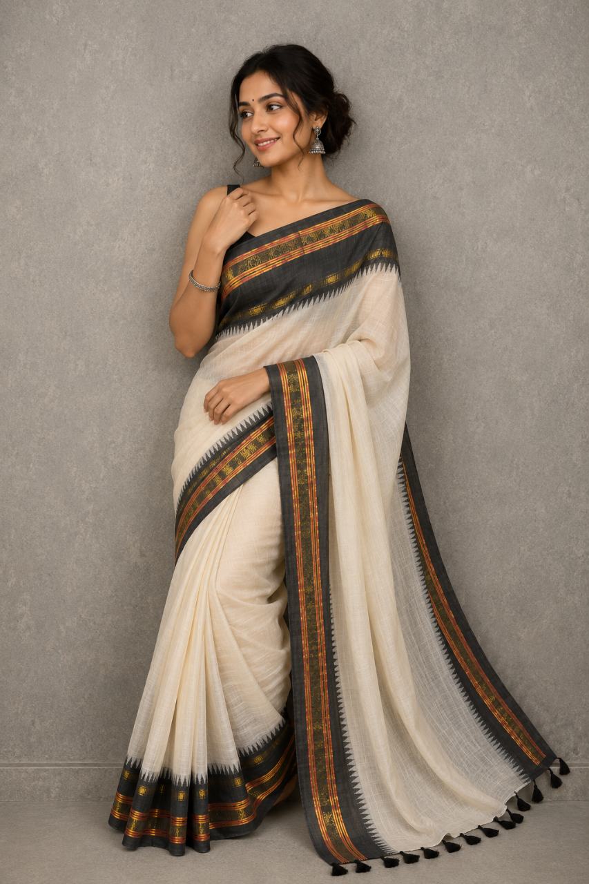 Pure Mul Cotton Zari Border Saree (Black & White)