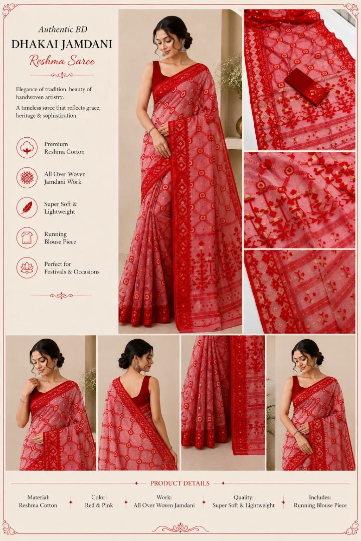 Magenta & Red Dhakai Jamdani Saree