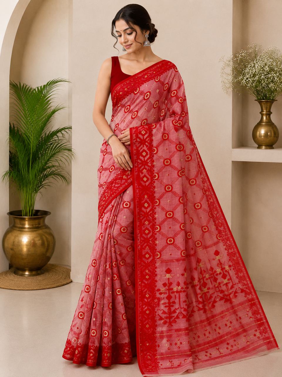 Magenta & Red Dhakai Jamdani Saree