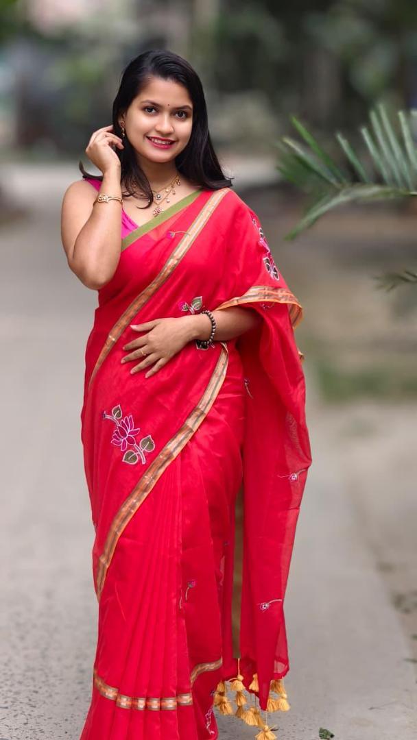 Red Soft Embroidery Work Saree
