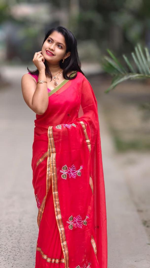 Red Soft Embroidery Work Saree