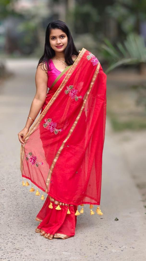 Red Soft Embroidery Work Saree