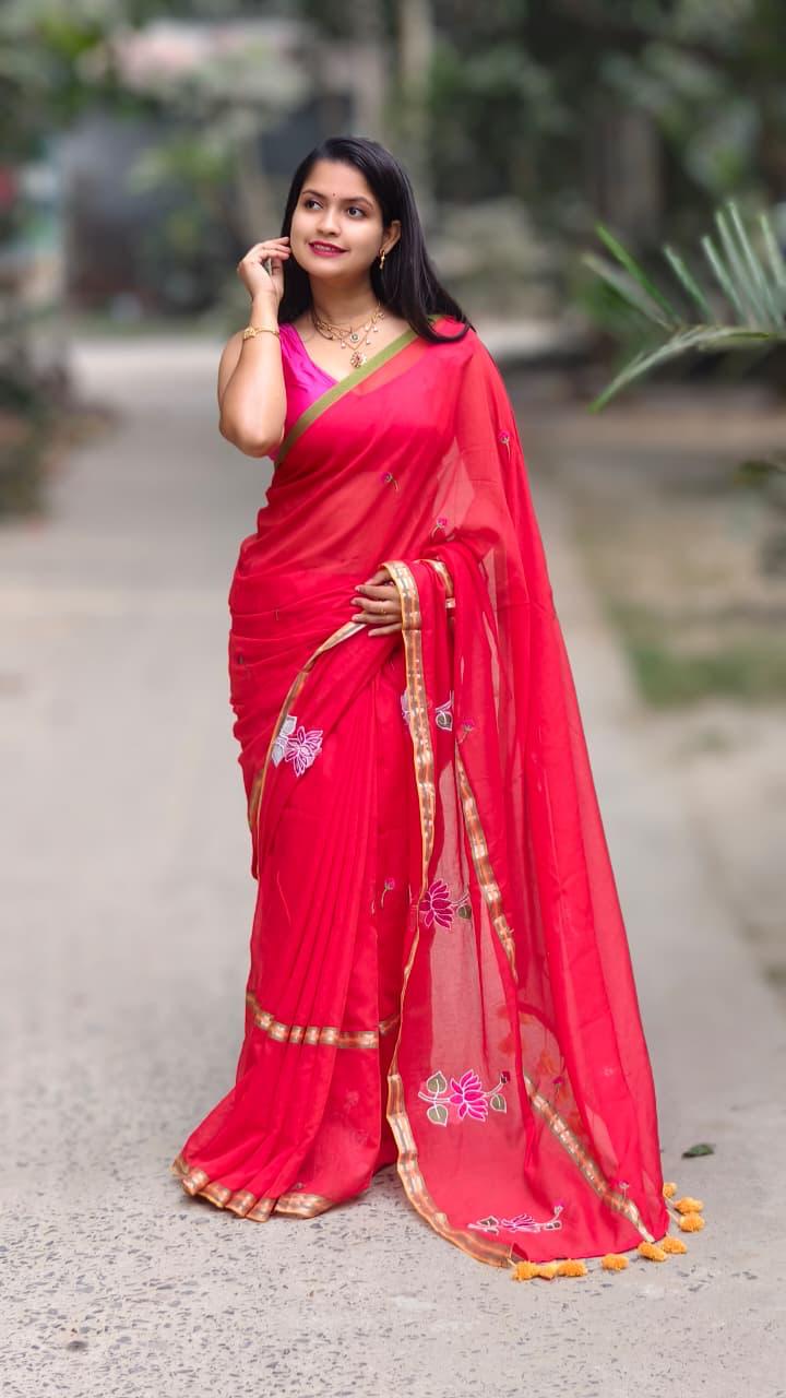 Red Soft Embroidery Work Saree