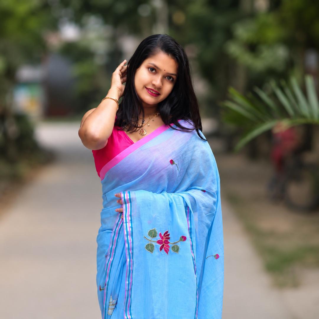 Sky Blue Soft Embroidery Work Saree