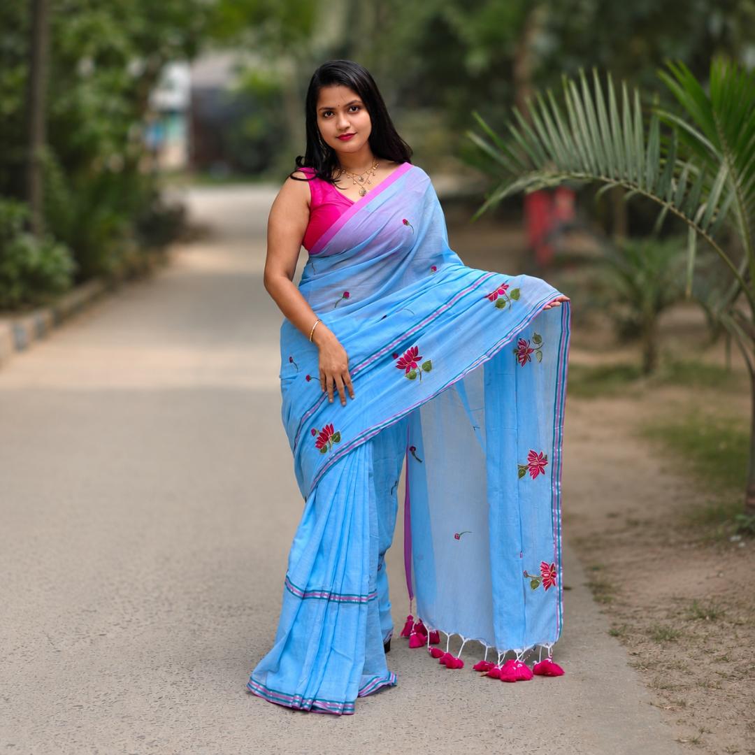 Sky Blue Soft Embroidery Work Saree