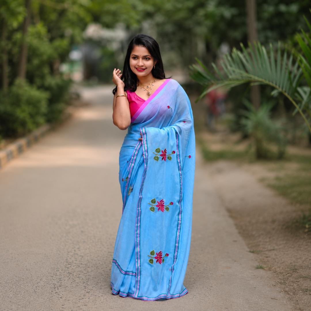Sky Blue Soft Embroidery Work Saree