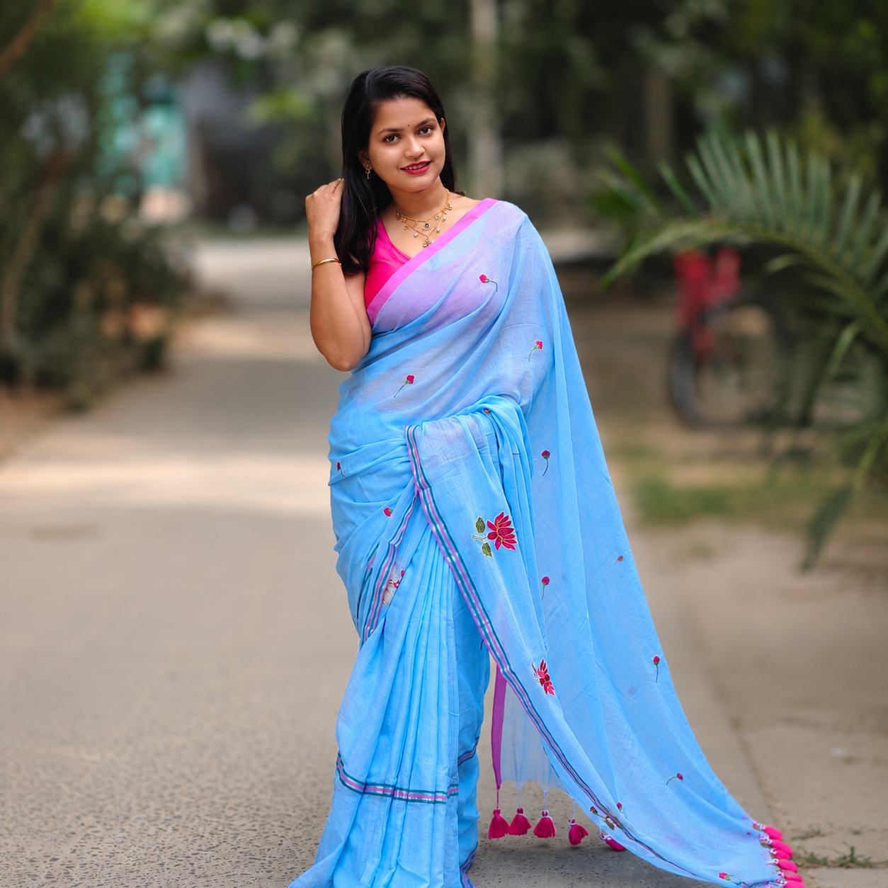 Sky Blue Soft Embroidery Work Saree