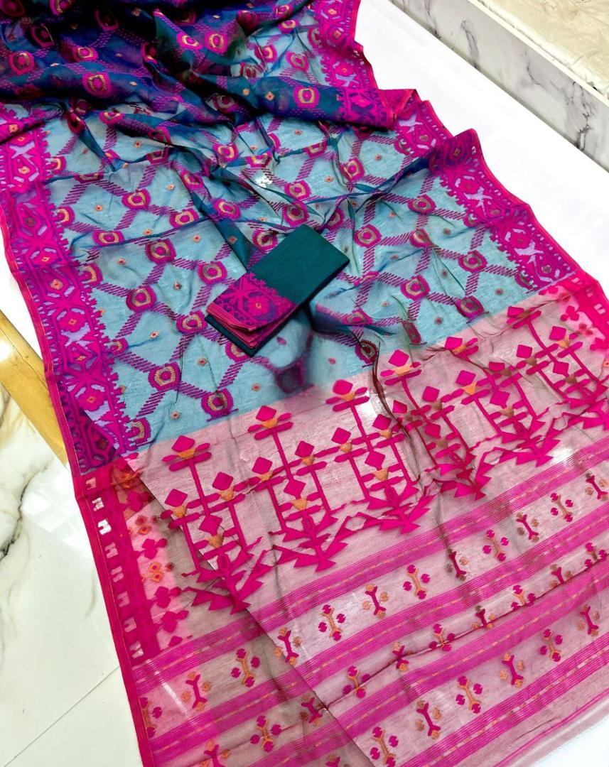 Teal Blue & Magenta Dhakai Jamdani Saree