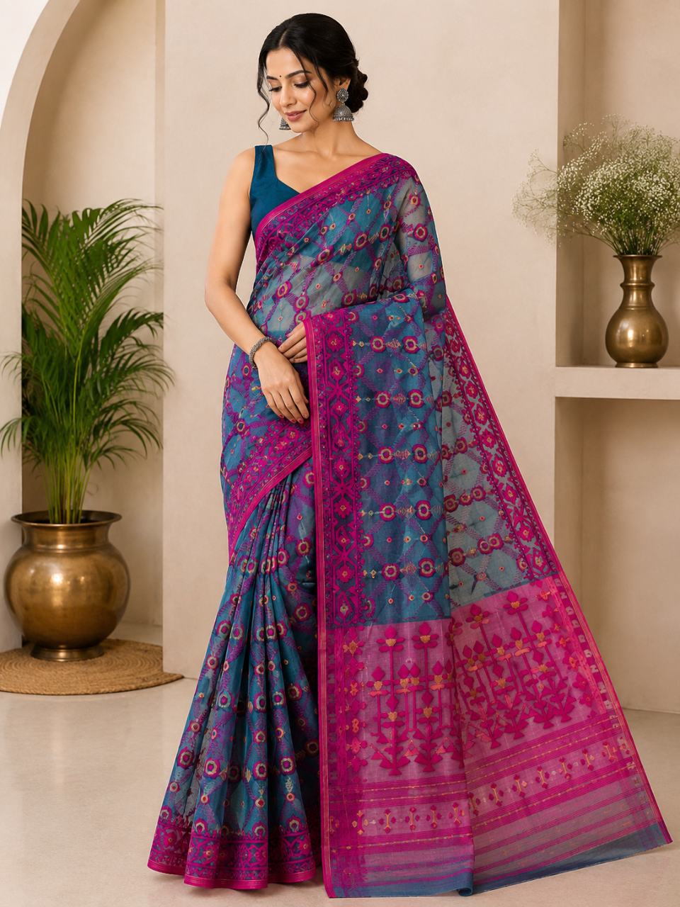 Teal Blue & Magenta Dhakai Jamdani Saree