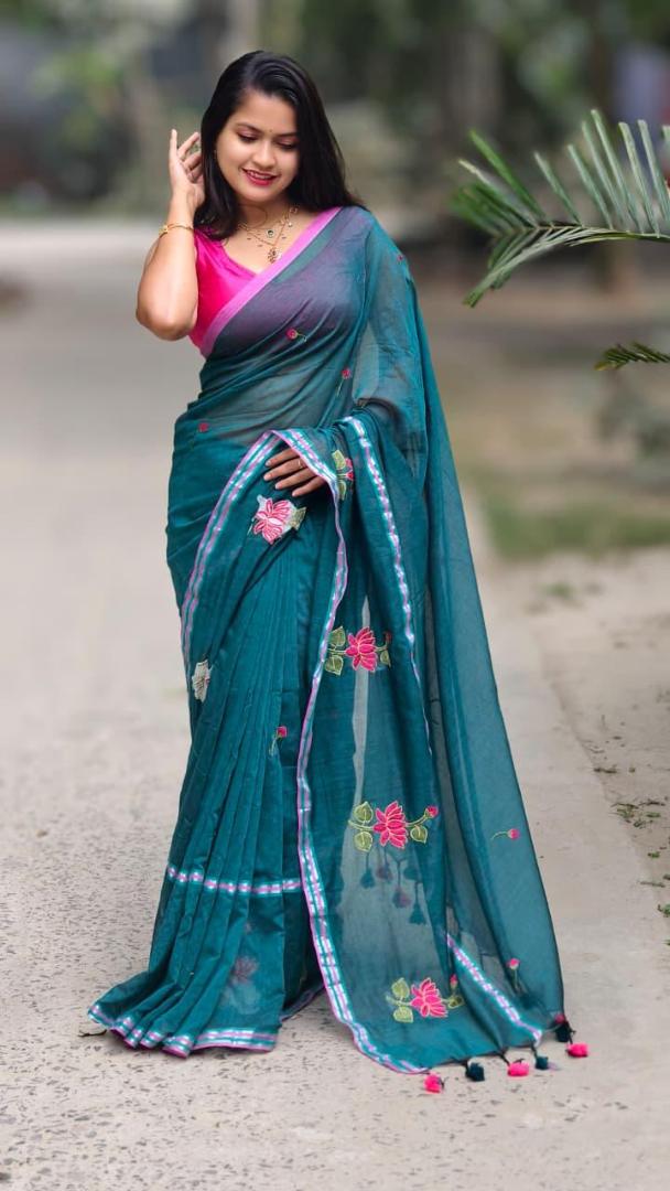 Teal Blue Soft Embroidery Work Saree.