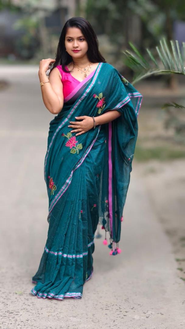 Teal Blue Soft Embroidery Work Saree.