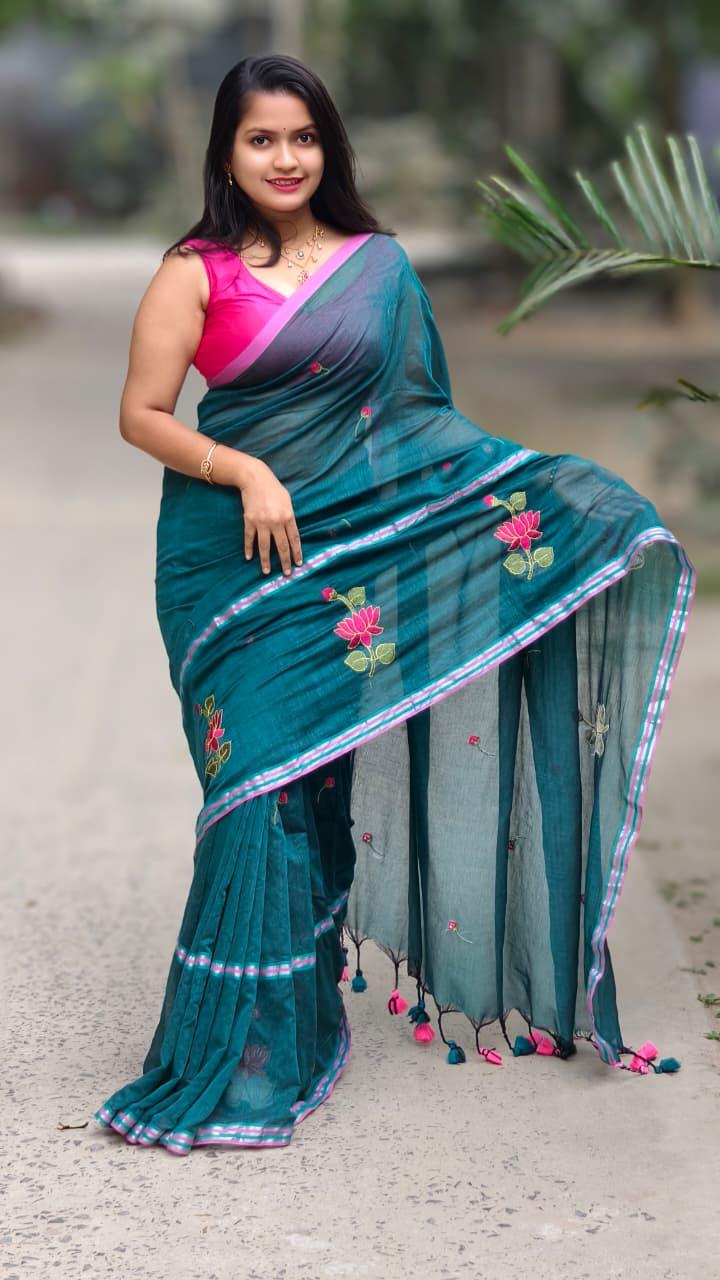 Teal Blue Soft Embroidery Work Saree.