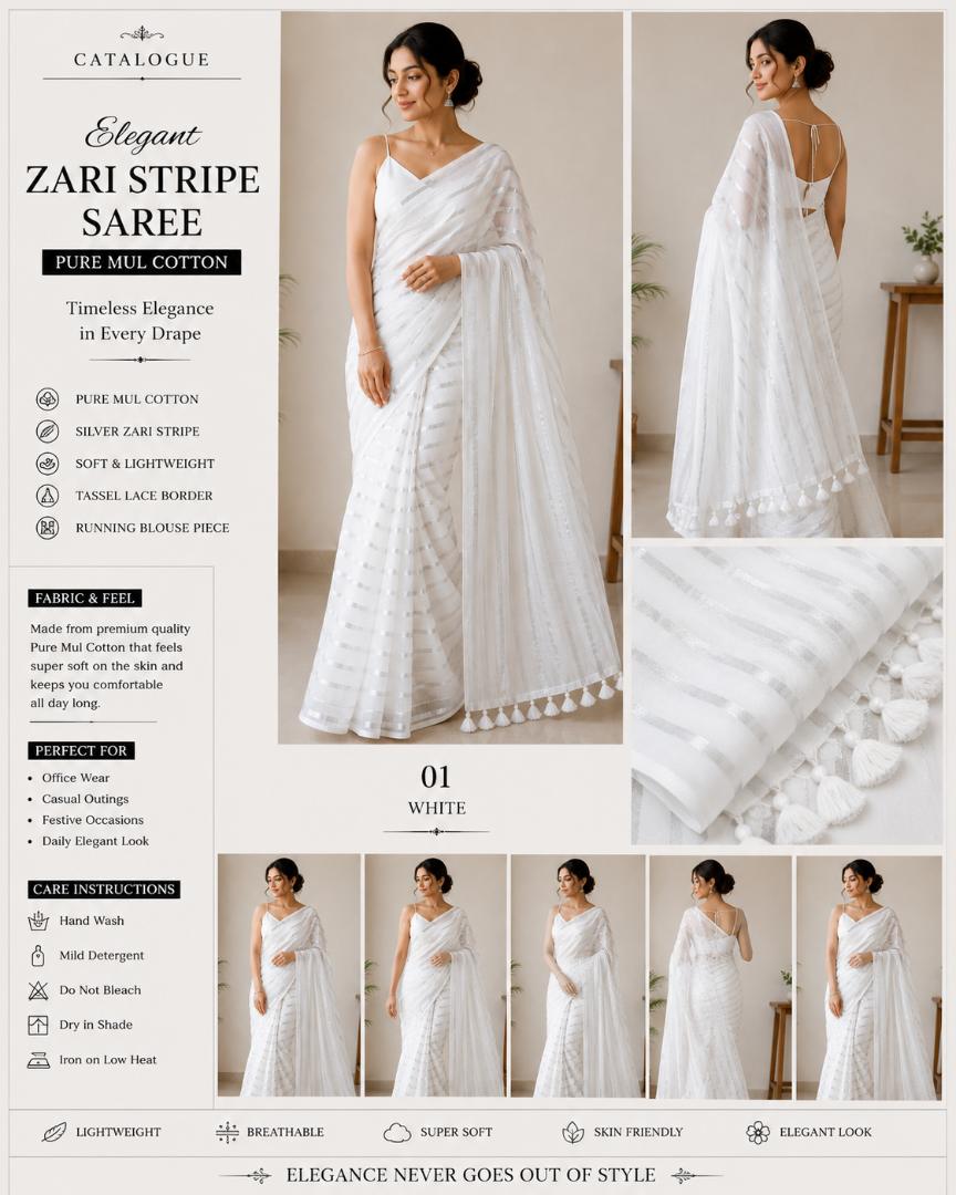 White Pure Mul Cotton Saree