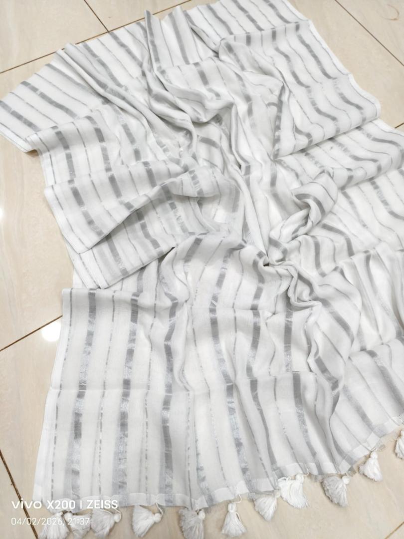 White Pure Mul Cotton Saree