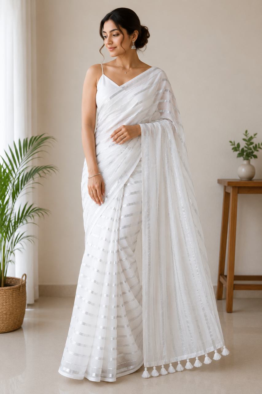 White Pure Mul Cotton Saree