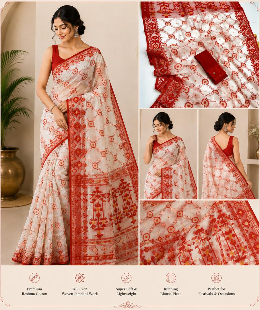 White & Red BD Dhakai Jamdani Saree