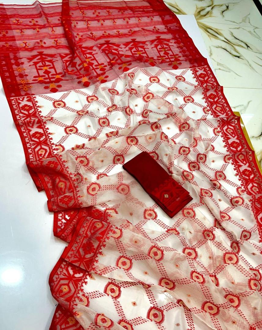White & Red BD Dhakai Jamdani Saree